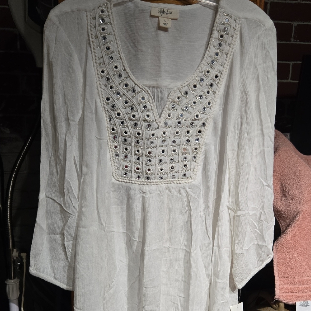 Style & Co. ~ Ivory Color Embellished Scoop-Neck Tunic